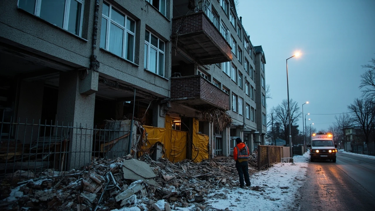 пошкоджений житловий будинок в українському місті після обстрілу